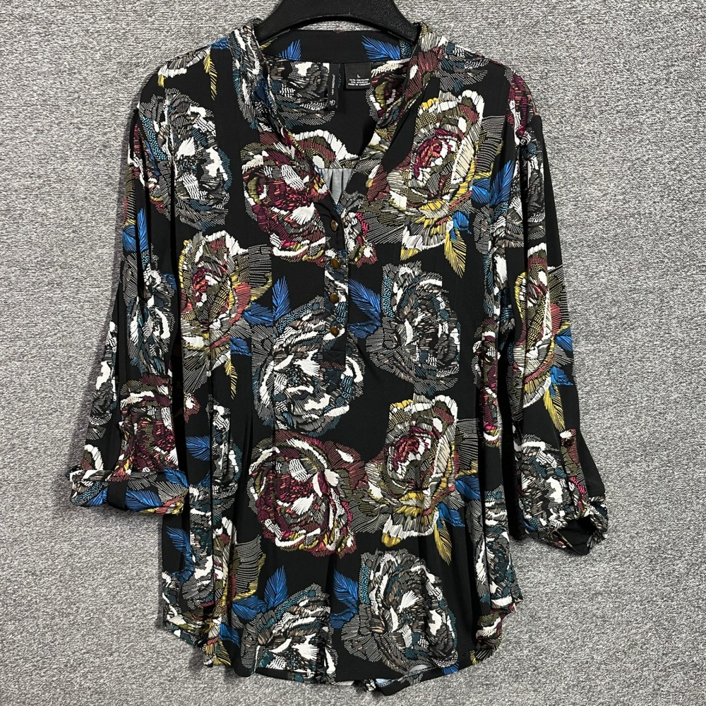 New Directions Floral Roll Tab Sleeve Blouse Black Multi Color Rose Print L
